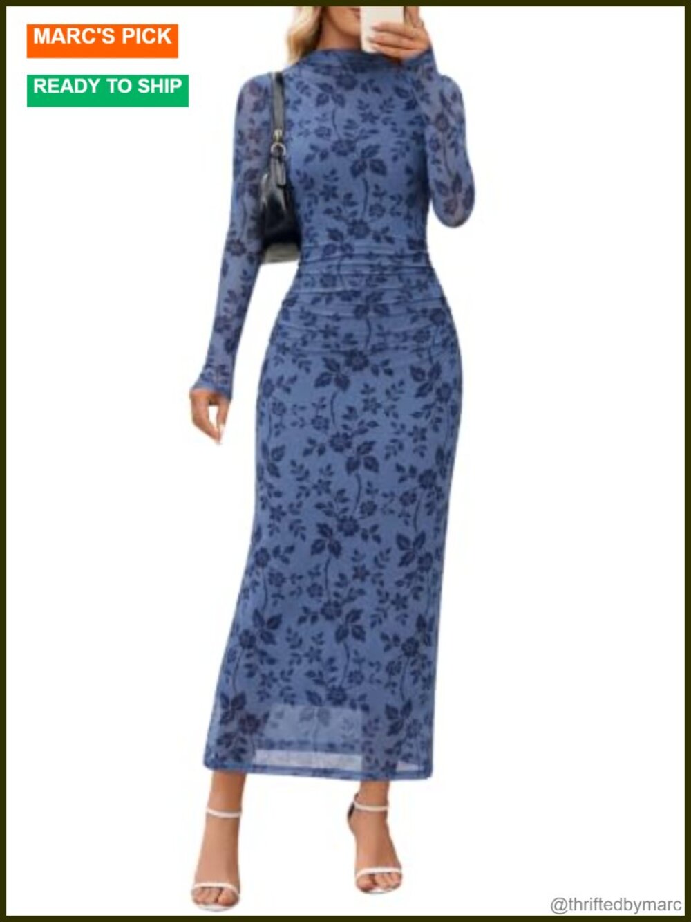 Women's Long Sleeve Mock Neck Ruched Mesh Maxi Dress Wedding Guest